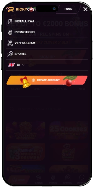 Ricky Casino app screen menu