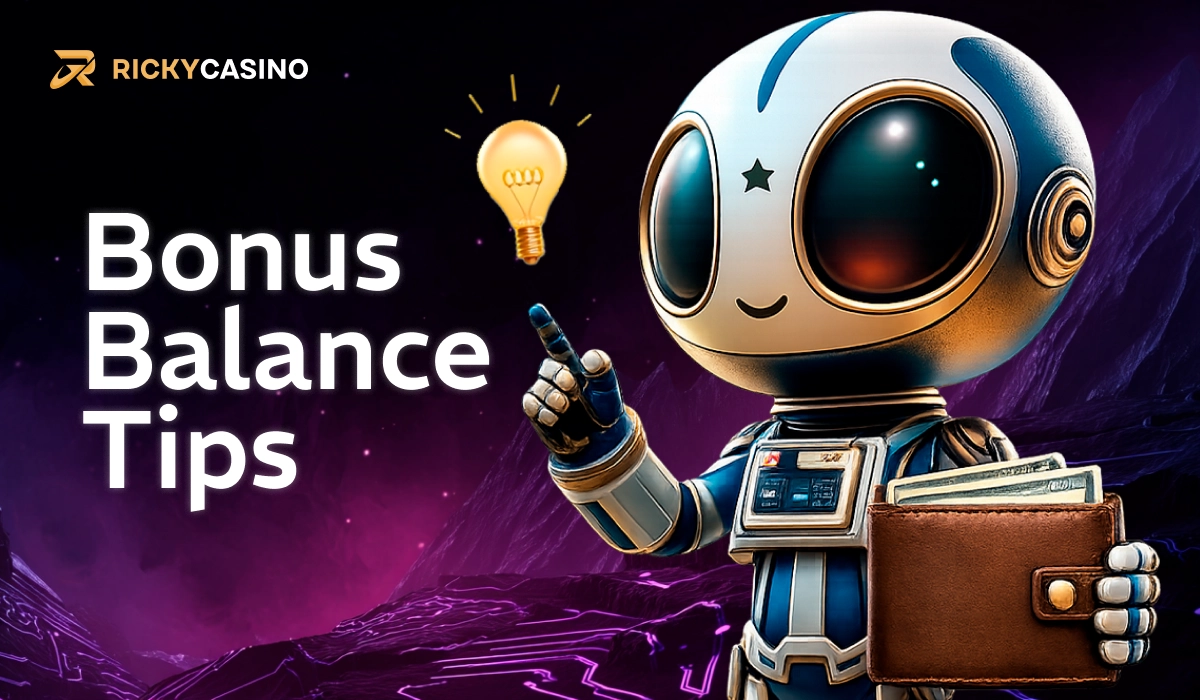 Ricky Casino bonus balance tips with robot and light bulb