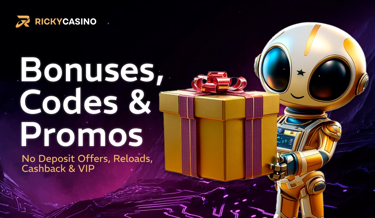 Ricky Casino bonuses codes and promotions with robot and gift box