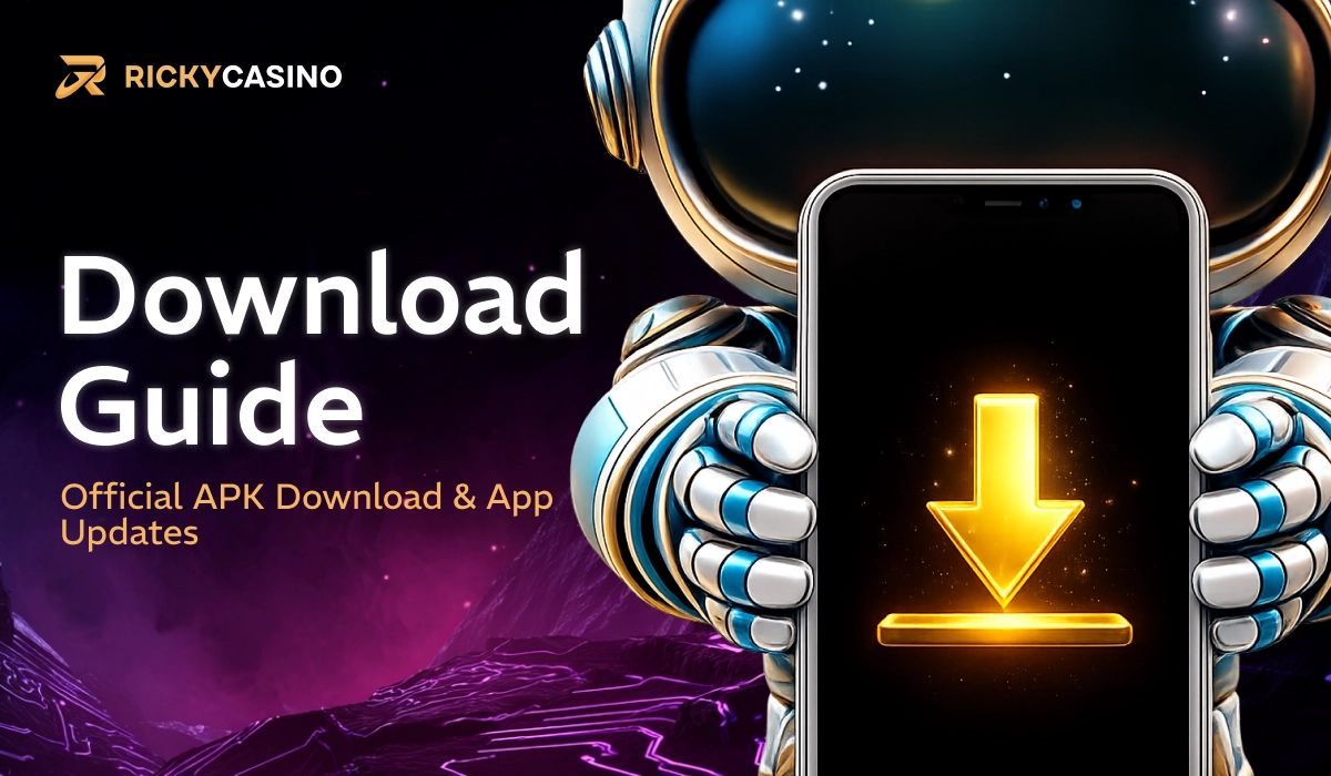 Ricky Casino download guide with robot holding smartphone