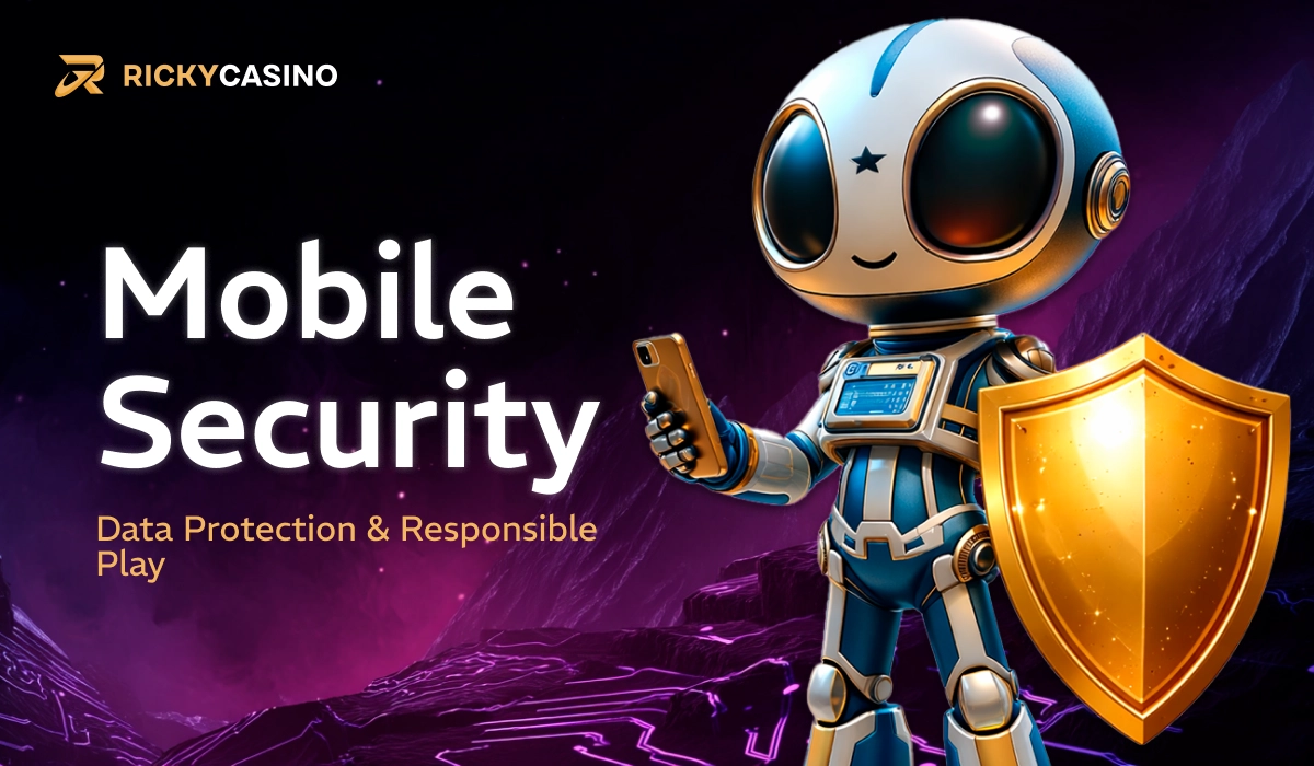 Ricky Casino mobile security banner with robot and shield
