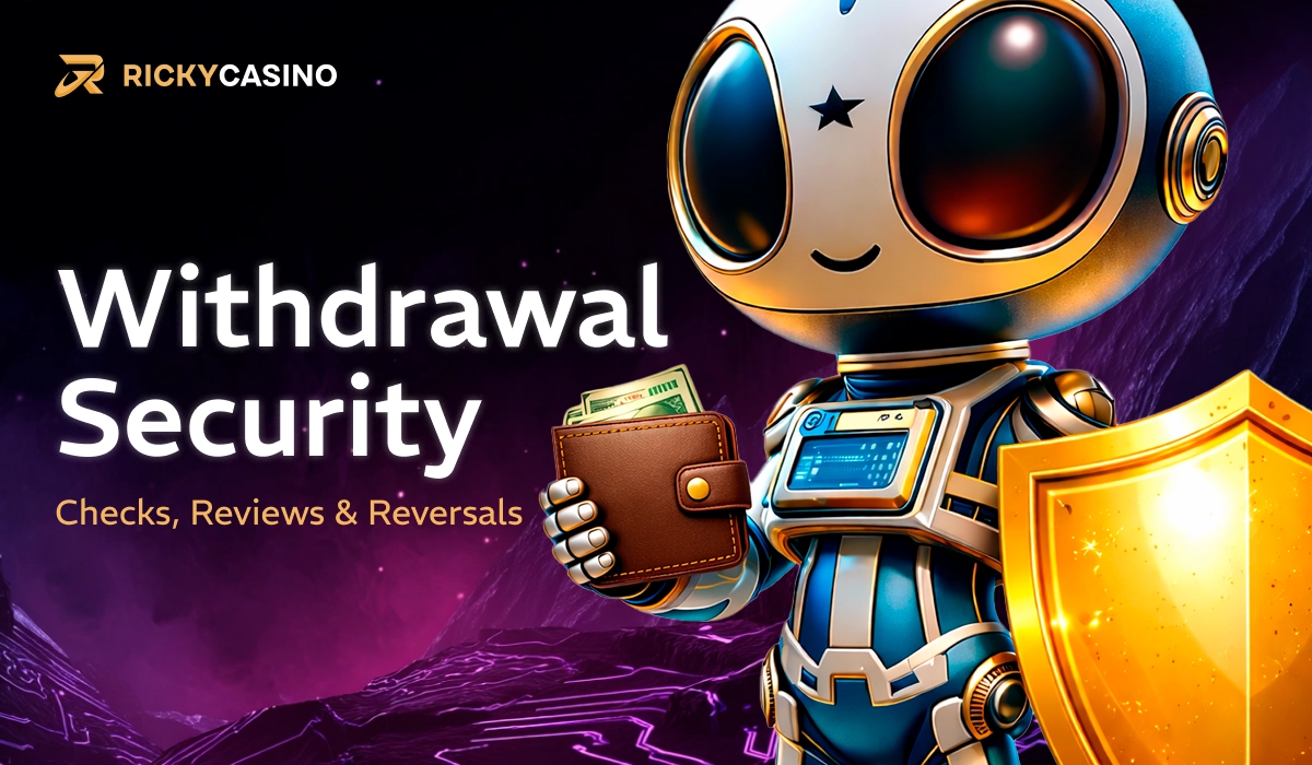 Ricky Casino withdrawal security with robot holding shield