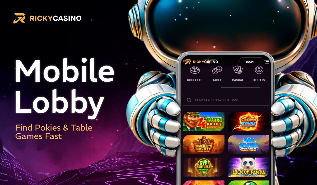 Ricky Casino mobile lobby showcasing casino games on phone