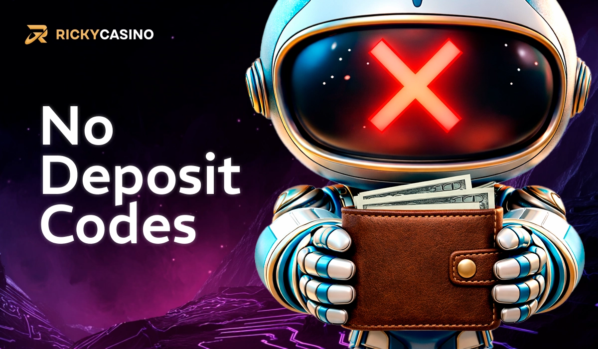 Ricky Casino no deposit codes banner with robot and crossed symbol
