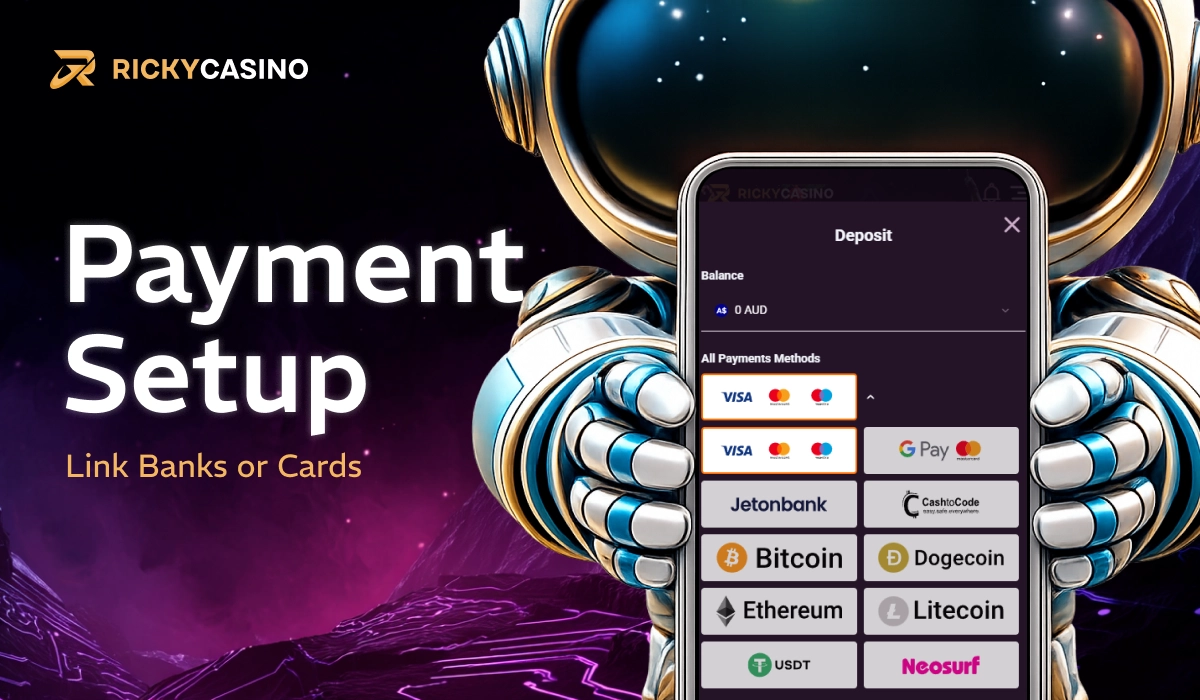 Ricky Casino payment setup showing banks and card options