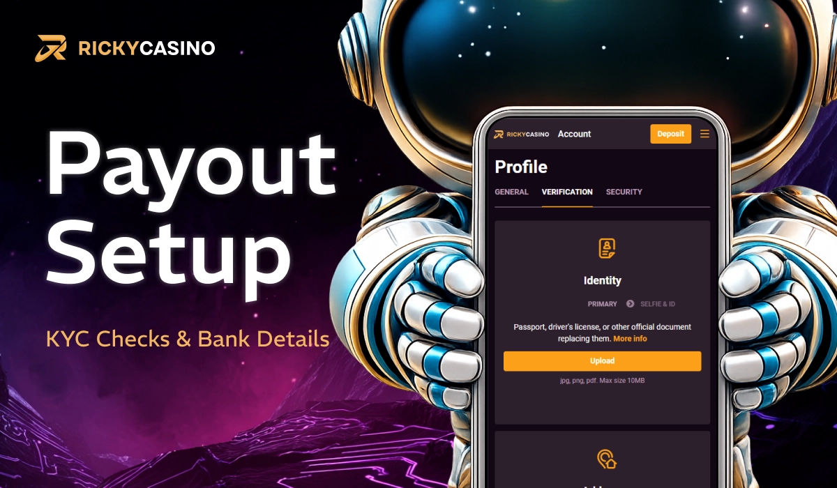 Ricky Casino payout setup banner showing KYC and bank details