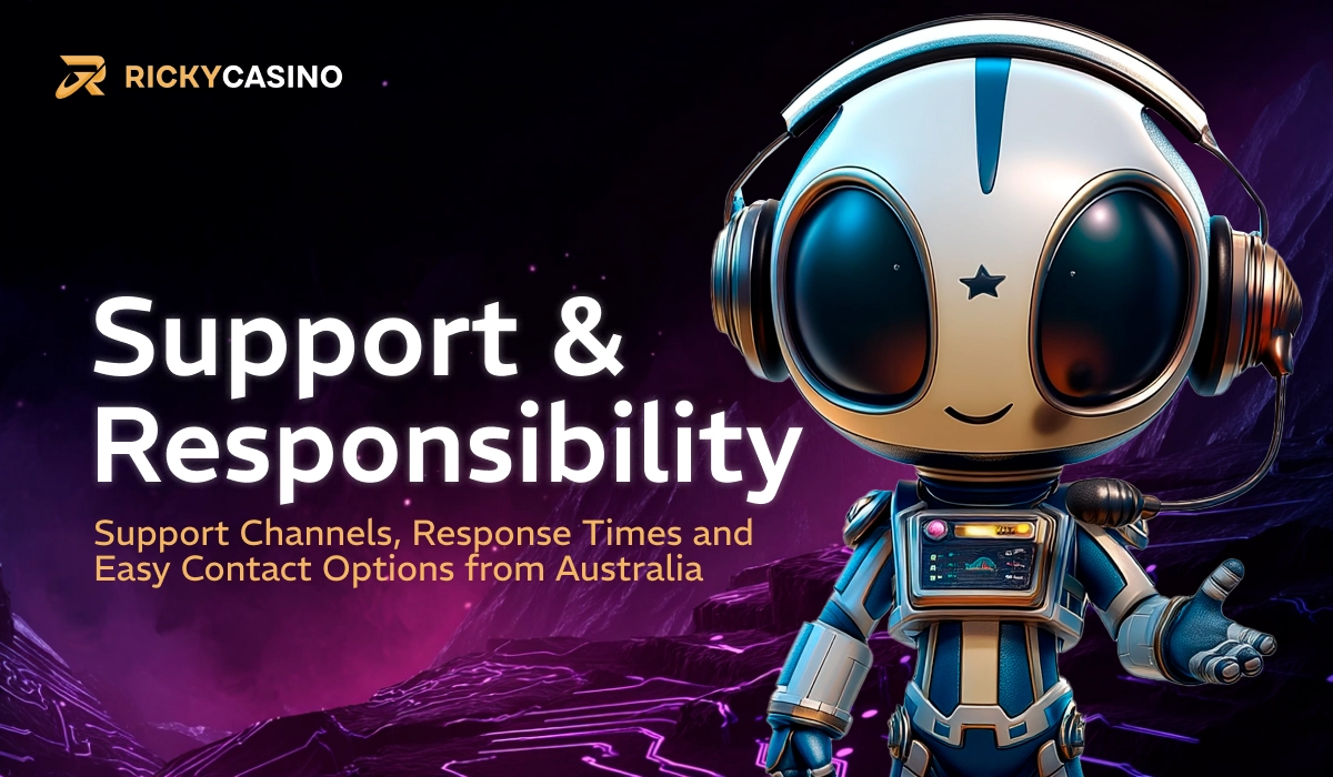 Ricky Casino support and responsible gaming banner with robot