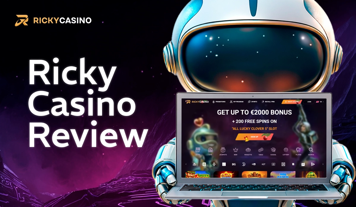 Ricky Casino review banner with robot holding casino games screen