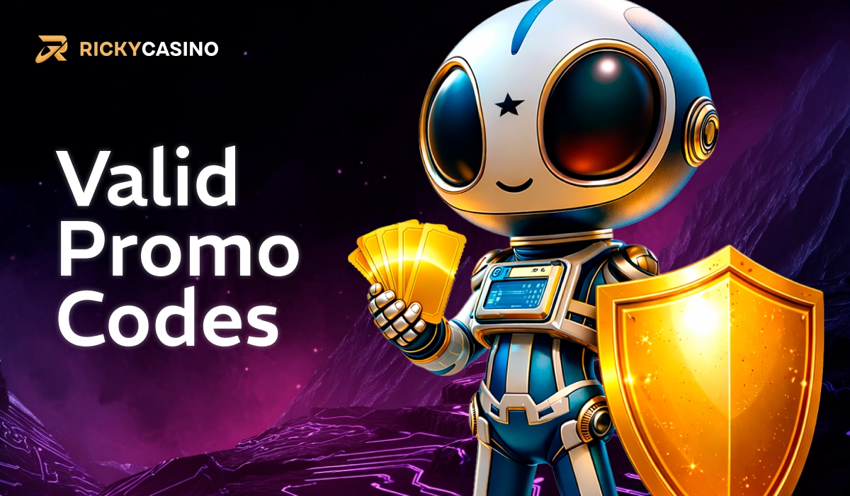 Ricky Casino valid promo codes with robot holding shield