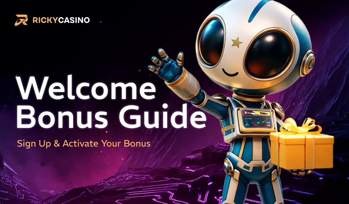 Ricky Casino welcome bonus guide with robot and bonus box