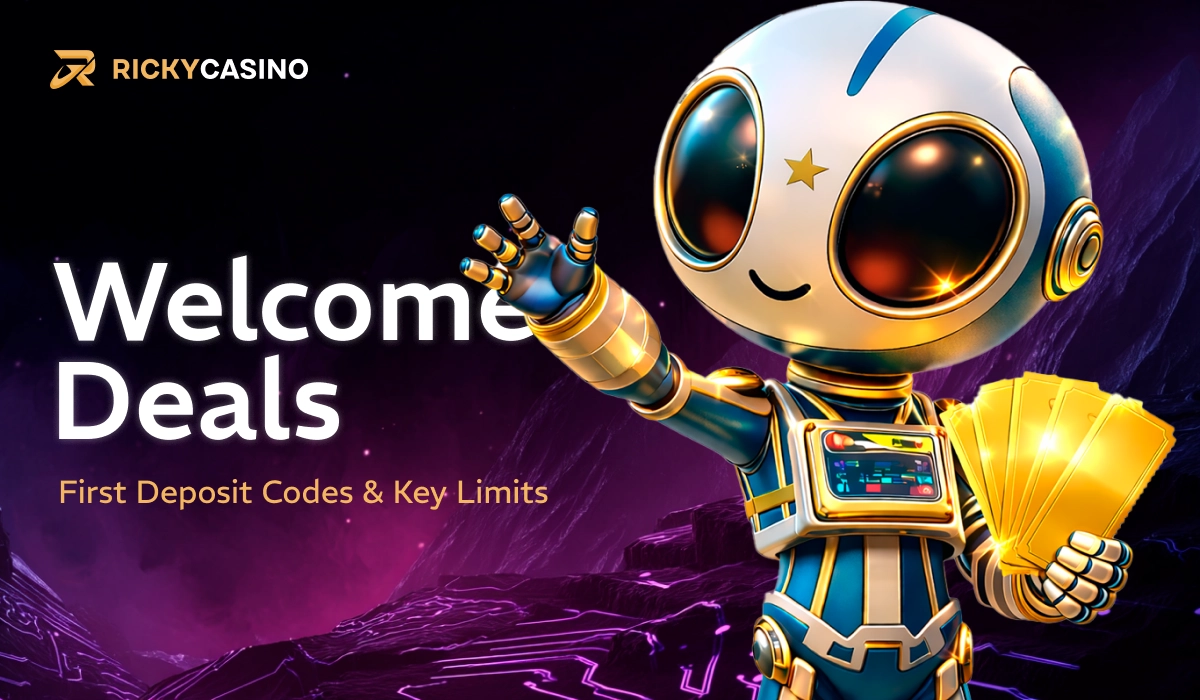 Ricky Casino welcome deals banner with robot and casino chips