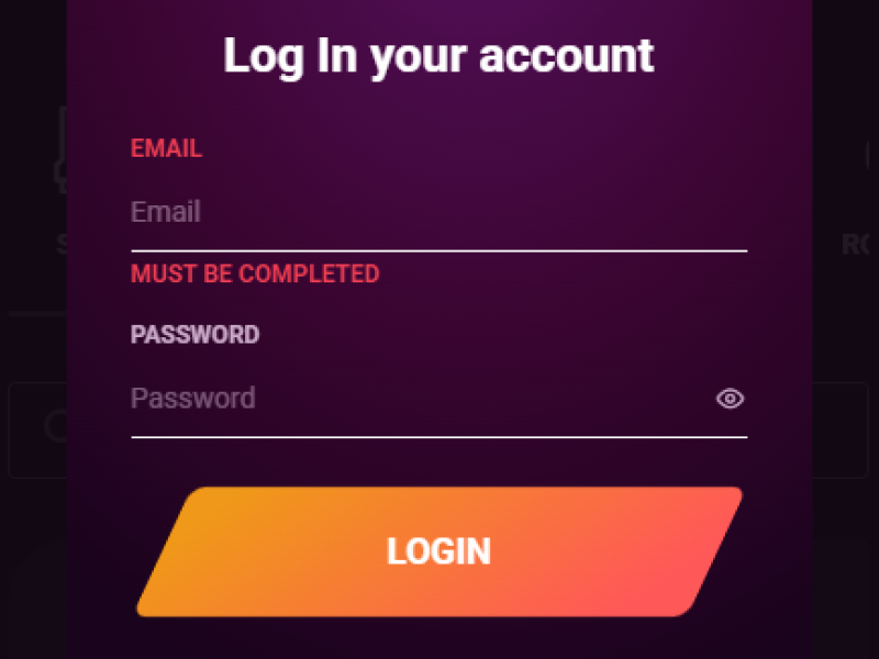 Ricky Casino login screen with email and password fields