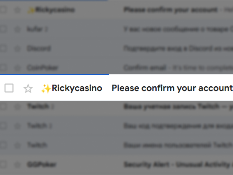 Open confirmation email from Ricky Casino