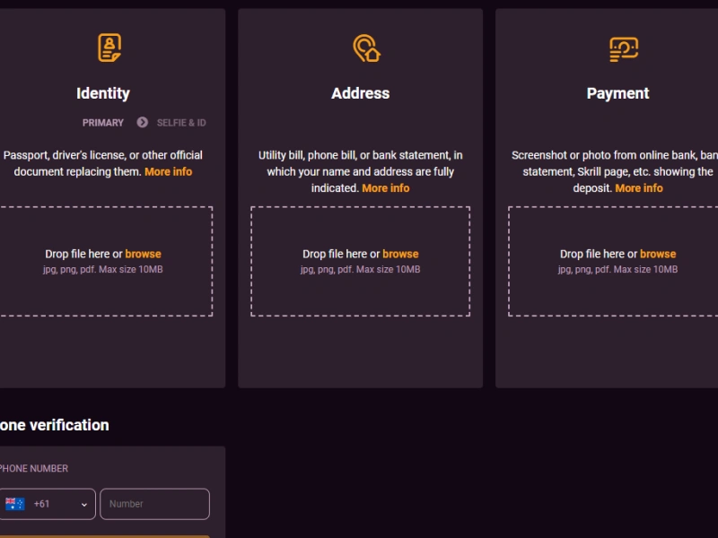 Verification steps menu (Identity, Address, Payment)