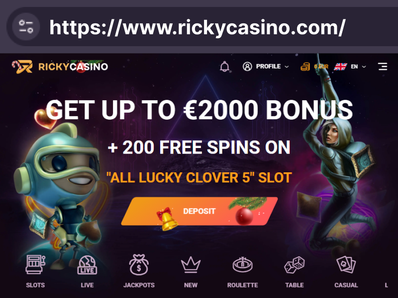 Ricky Casino homepage with €2000 bonus banner