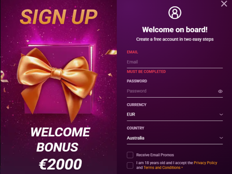 Sign Up screen with Welcome Bonus €2000