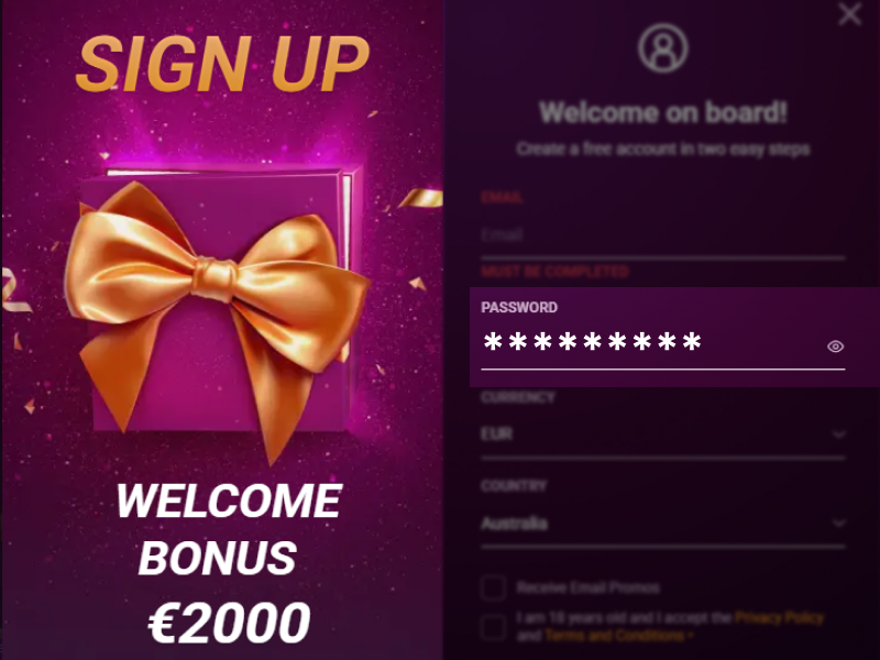 Registration form (email, password, currency, country)