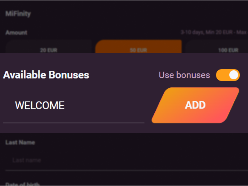 Bonus selection panel with “Use bonuses” toggle and Add