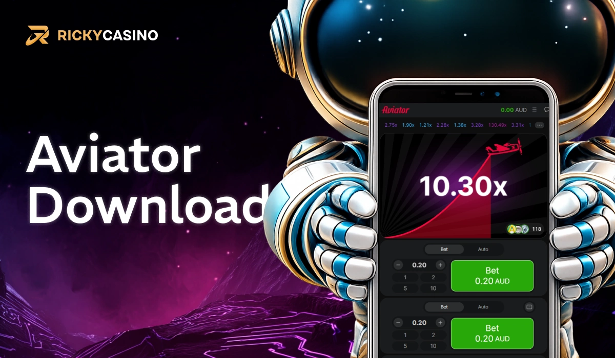 Aviator Download banner with astronaut holding smartphone showing multiplier on Ricky Casino
