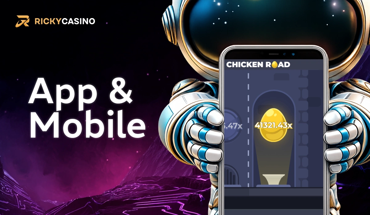 App and Mobile banner with astronaut holding smartphone showing Chicken Road game