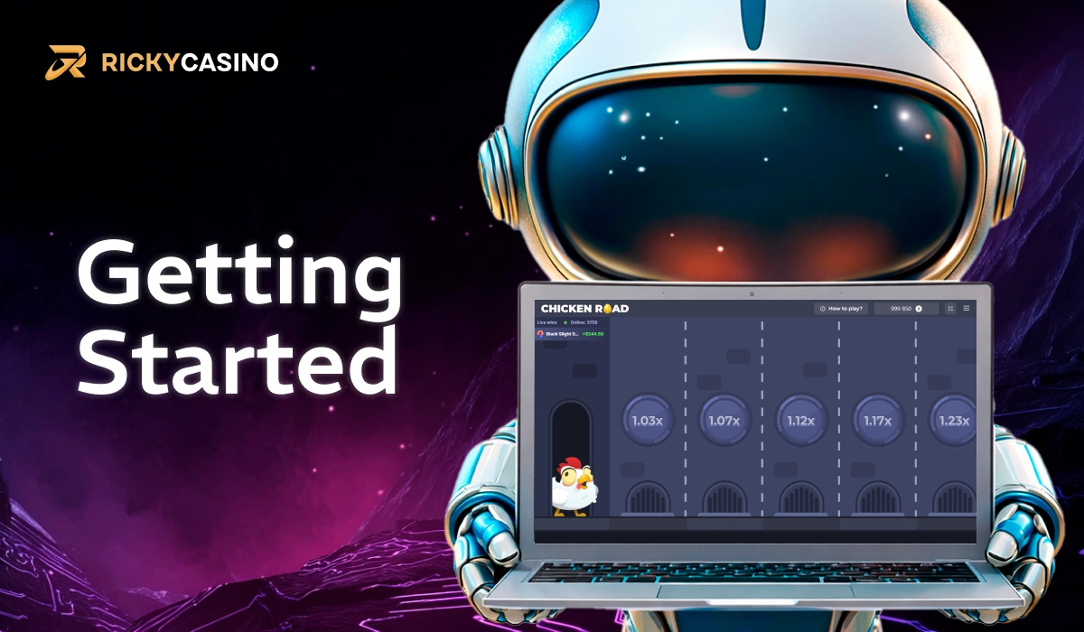 Getting Started guide banner with astronaut and laptop showing Chicken Road interface