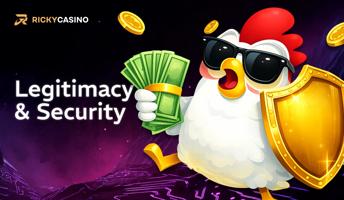 Legitimacy and Security banner with chicken mascot holding shield and cash at Ricky Casino