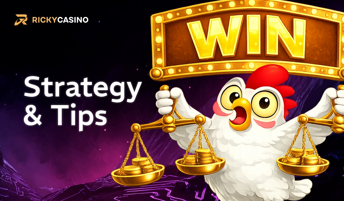 Strategy and Tips banner with chicken mascot and win sign for casino gameplay advice