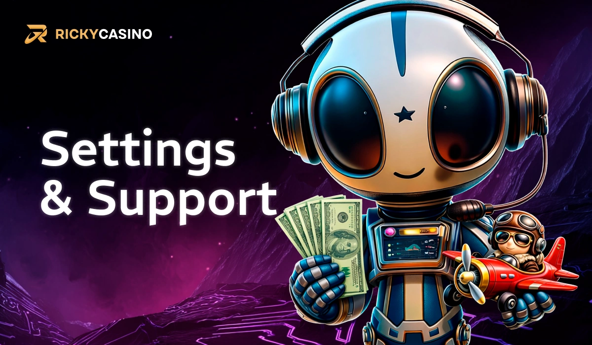 Settings and Support banner with astronaut holding cash and tools at Ricky Casino