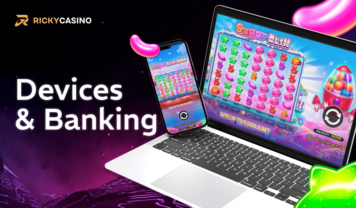 Devices and Banking banner showing Sugar Rush on laptop and smartphone at Ricky Casino
