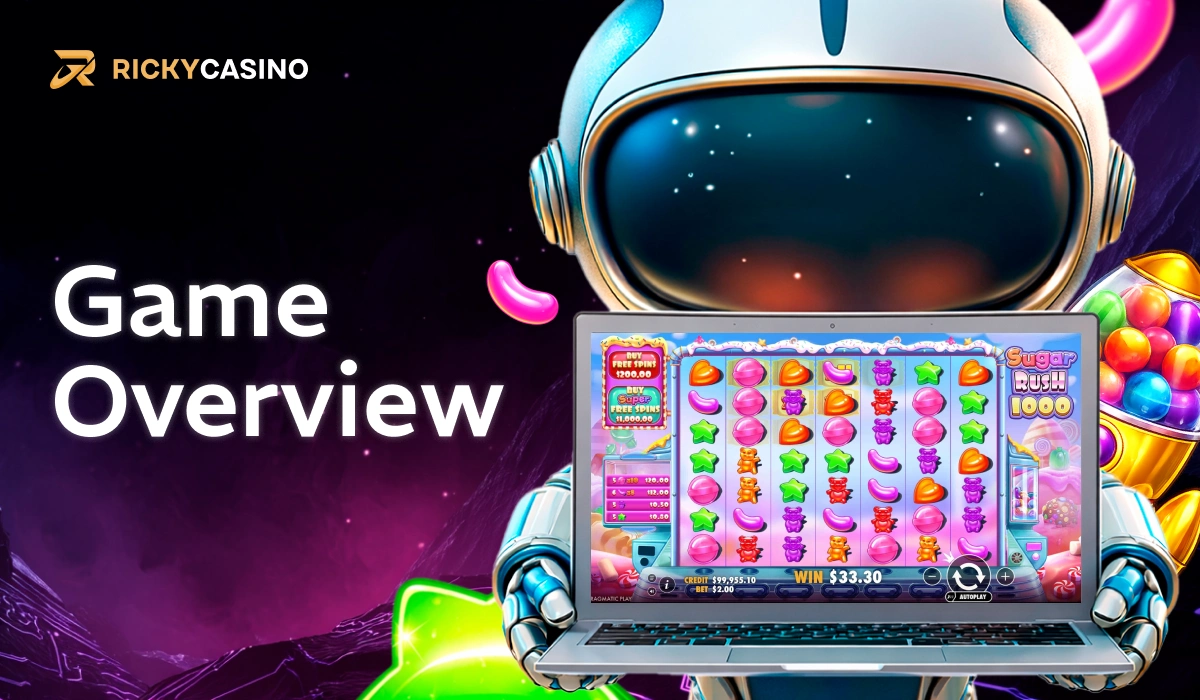 Sugar Rush Game Overview banner with astronaut and slot game screen on Ricky Casino