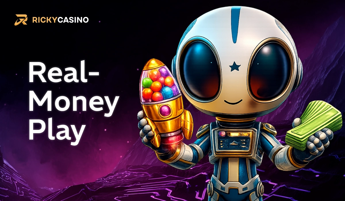 Real Money Play Sugar Rush banner with astronaut holding candy rocket and cash