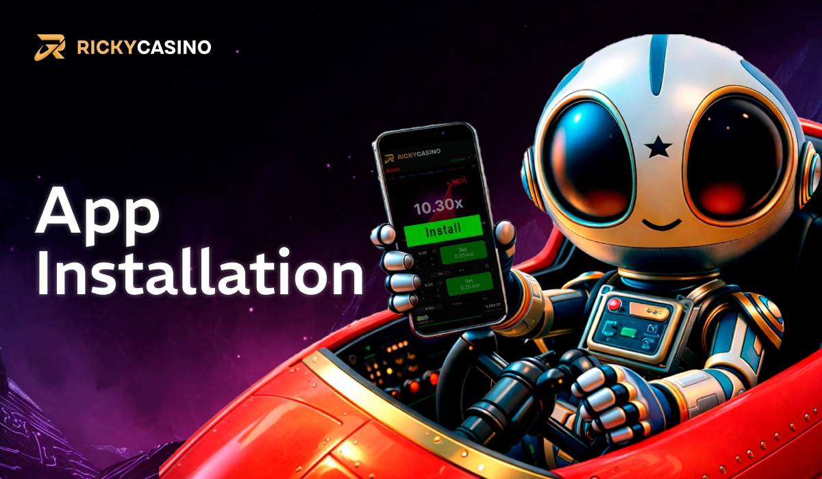 App Installation screen with astronaut character presenting mobile device at Ricky Casino