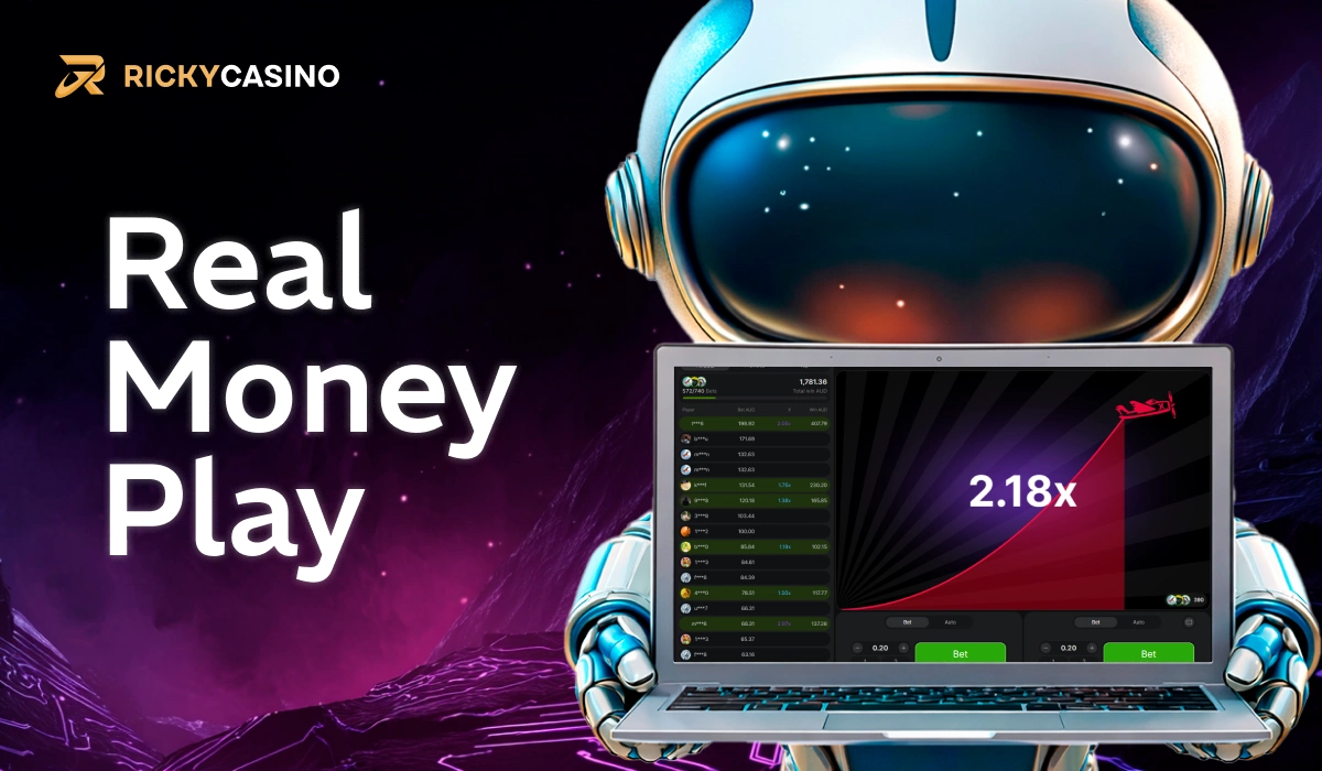 Real Money Play banner with astronaut holding laptop displaying Aviator gameplay screen