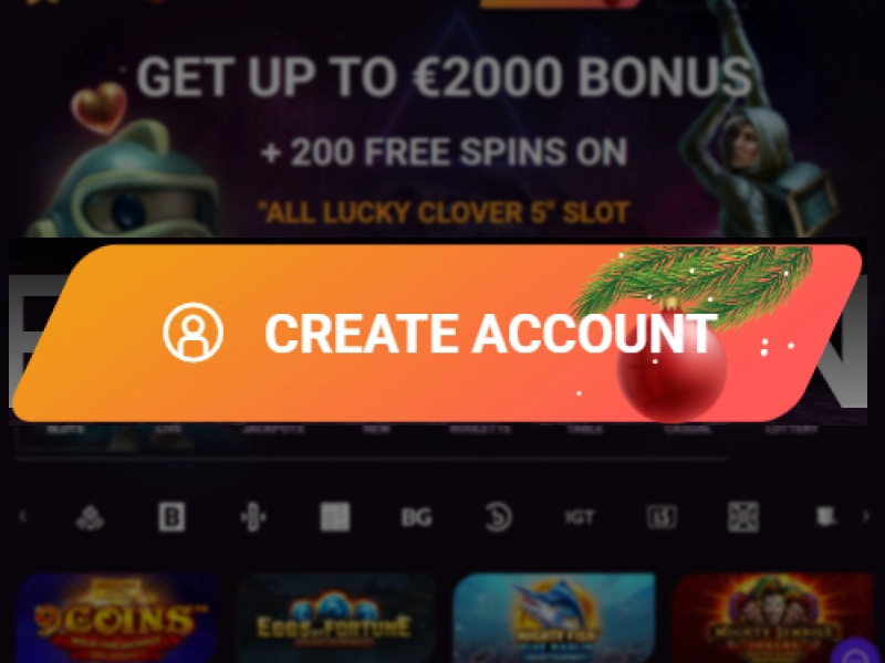 Create Account bonus banner on Ricky Casino homepage