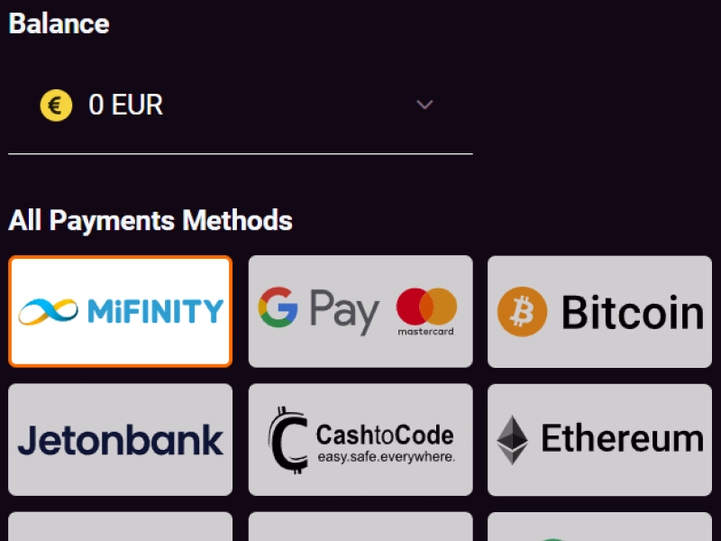 Ricky Casino cashier page showing balance and payment methods like MiFinity, Apple Pay and Bitcoin