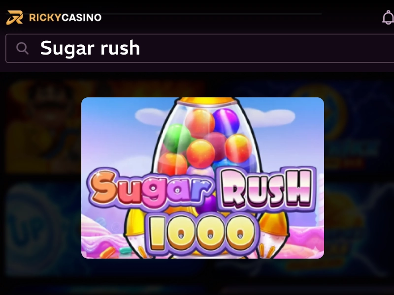 Search bar with Sugar Rush 1000 game thumbnail displayed inside Ricky Casino lobby
