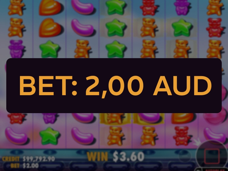 Sugar Rush gameplay screen with Bet 2.00 AUD highlighted on Ricky Casino interface