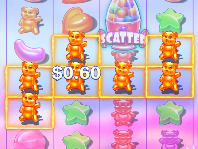 Sugar Rush slot win screen showing candy symbols and payout amount on Ricky Casino