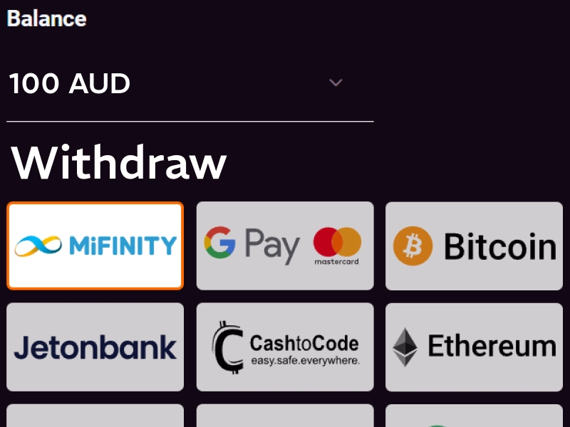 Withdraw section in Ricky Casino account showing available payment methods and balance